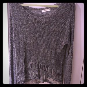 Grey sweater; 65% acrylic/35% nylon